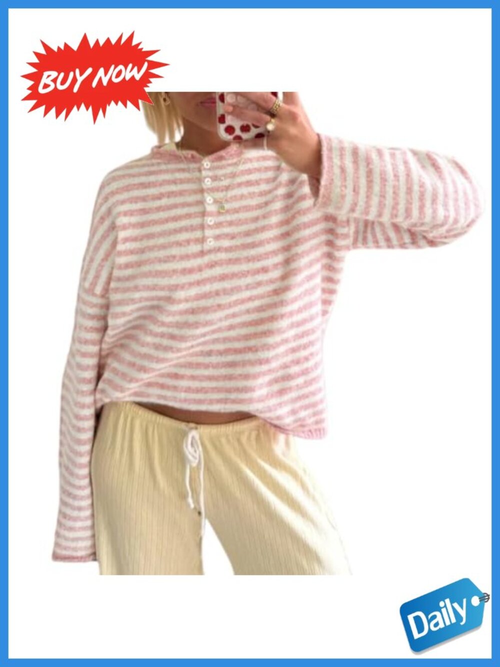Striped Henley Sweater Long Sleeve Knit Pullover Top Oversized